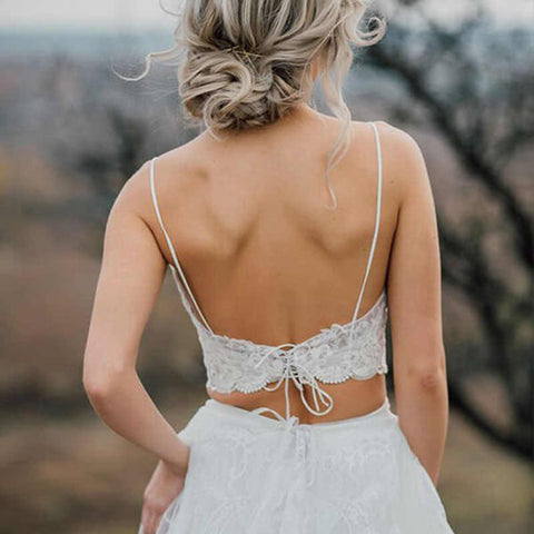 Crop Top Lace Two Piece Boho Spaghetti Straps Wedding Dresses