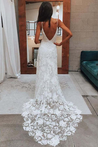 Boho Rose Lace Sweetheart Spaghetti Strap Beach Wedding Dresses