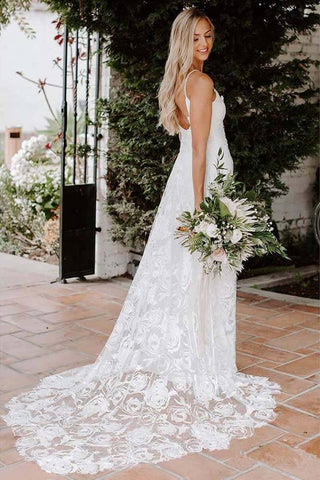 Boho Rose Lace Sweetheart Spaghetti Strap Beach Wedding Dresses