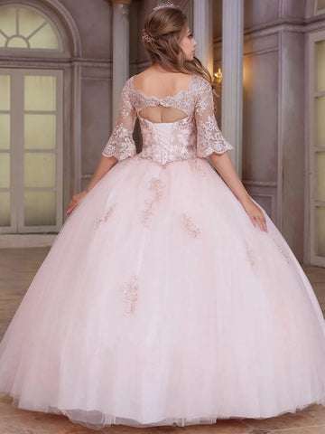 Half Sleeve Back Key Hole Lace Embroidery Ball Gown Quinceanera Dress