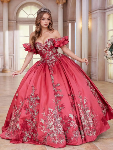 Off Shoulder Ruffle Sleeve Satin Embroidery Bodice Ball Gown Quinceanera Dress