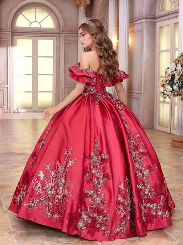 Off Shoulder Ruffle Sleeve Satin Embroidery Bodice Ball Gown Quinceanera Dress