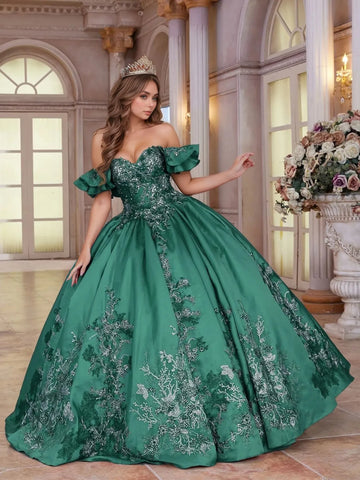 Off Shoulder Ruffle Sleeve Satin Embroidery Bodice Ball Gown Quinceanera Dress