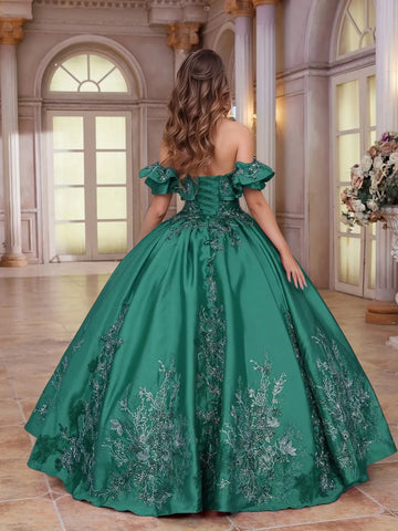 Off Shoulder Ruffle Sleeve Satin Embroidery Bodice Ball Gown Quinceanera Dress
