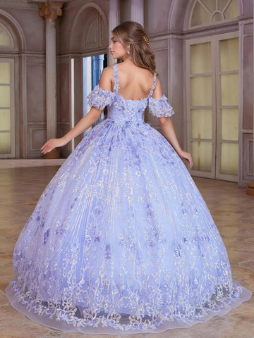 Cold Shoulder Flower Embroidery Ball Gown Lace Quinceanera Dress