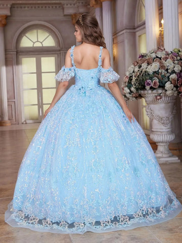 Cold Shoulder Flower Embroidery Ball Gown Lace Quinceanera Dress