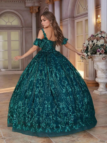 Cold Shoulder Flower Embroidery Ball Gown Lace Quinceanera Dress