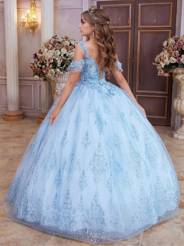 Floral Embroidery Shawls Cold Shoulder Luxury Ball Gown Lace Quinceanera Dress