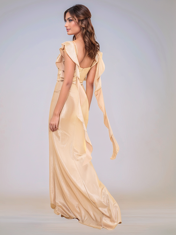 Ruffle Sleeve Satin Mermaid Bridesmaid Dress with Lace Embroidery