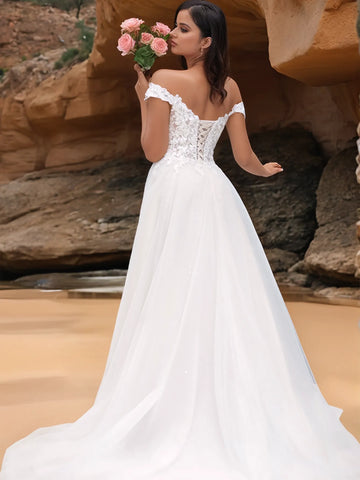 Off Shoulder Illusion Garden Lace Wedding Dress With Chapel Train