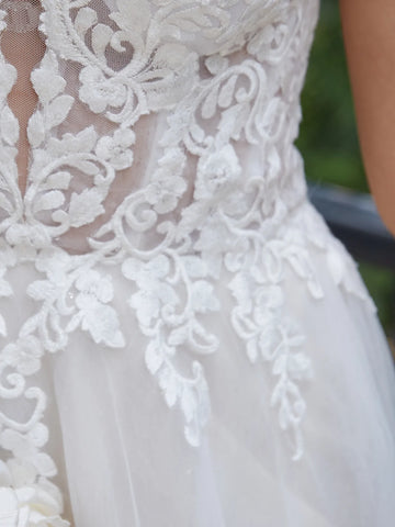 Off Shoulder Illusion Garden Lace Wedding Dress With Chapel Train