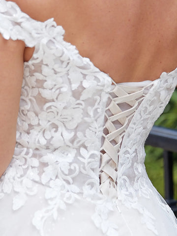 Off Shoulder Illusion Garden Lace Wedding Dress With Chapel Train