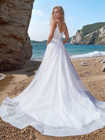 V-Neck Lace Embroidery Outdoor A-Line Wedding Dress