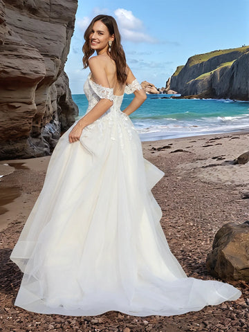 Deep V-neck Lace Embroidery Beach Wedding A-line Bridal Dress