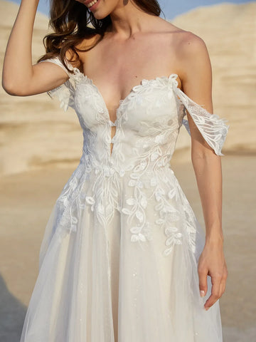 Deep V-neck Lace Embroidery Beach Wedding A-line Bridal Dress