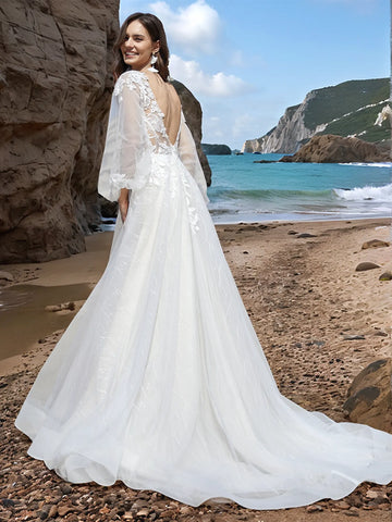 Long Sleeve Illusion Vintage Ball Gown Wedding Dress