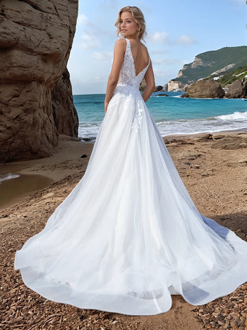Tank Lace Embroidery Ball Gown Beach Wedding Dress With Chapel Train
