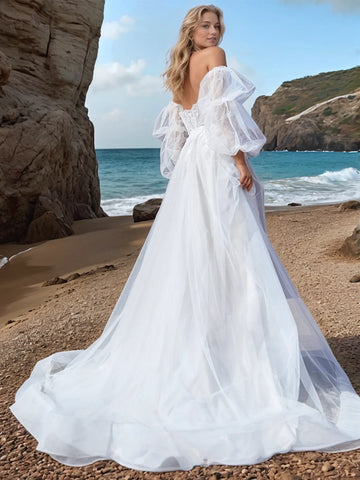 Lace Puff Sleeve Removable Embroidery Outdoor Ball Gown Wedding Dress