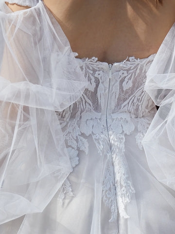 Lace Puff Sleeve Removable Embroidery Outdoor Ball Gown Wedding Dress