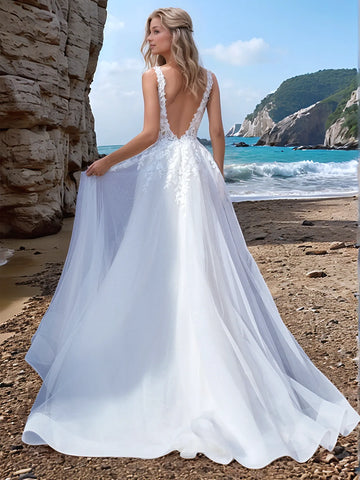 V-Neck Cut Waist Embroidery Ball Gown Beach Lace Wedding Dress