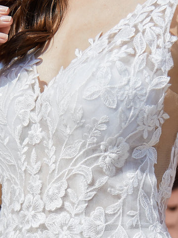 V-Neck Cut Waist Embroidery Ball Gown Beach Lace Wedding Dress