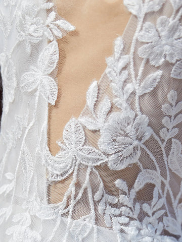 V-Neck Cut Waist Embroidery Ball Gown Beach Lace Wedding Dress