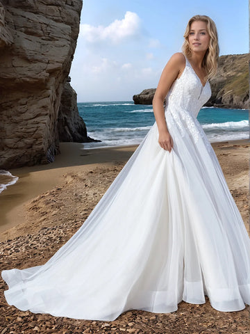 Backless Lace Embroidery Ball Gown Outdoor Wedding Dress