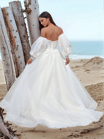 Puff Sleeve Ball Gown Outdoor Wedding Bridal Dress With Split