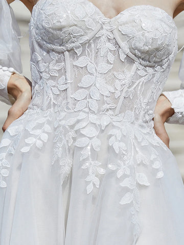 Puff Sleeve Ball Gown Outdoor Wedding Bridal Dress With Split
