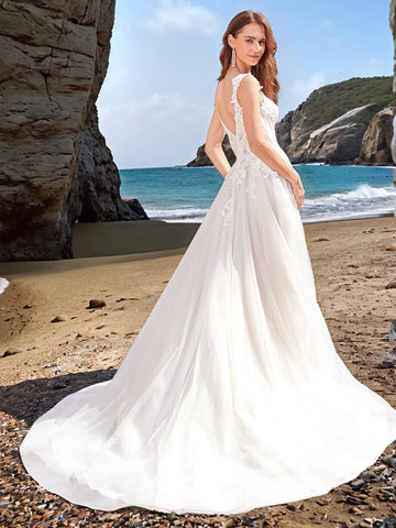 V Neck Embroidery Lace Wedding Dress With Chapel Train