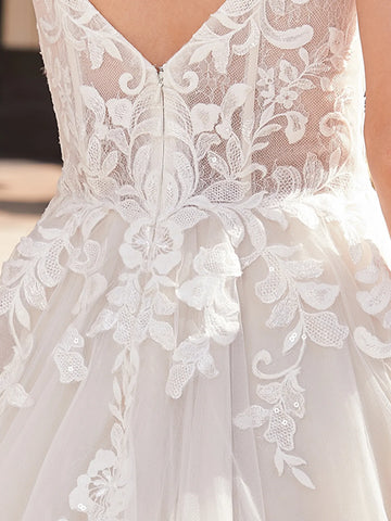 V Neck Embroidery Lace Wedding Dress With Chapel Train