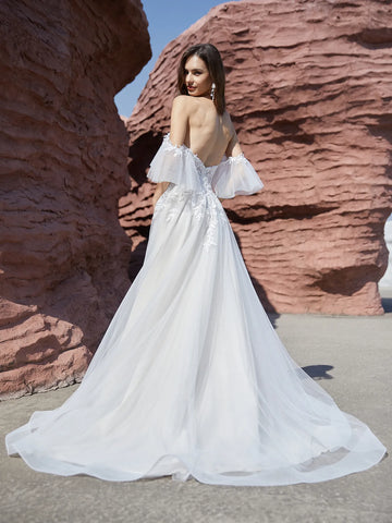 Embroidery Off Shoulder Ruffle Lace Ball Gown Outdoor Wedding Dress