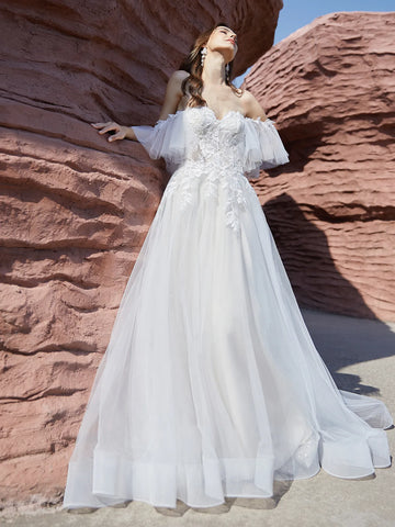 Embroidery Off Shoulder Ruffle Lace Ball Gown Outdoor Wedding Dress