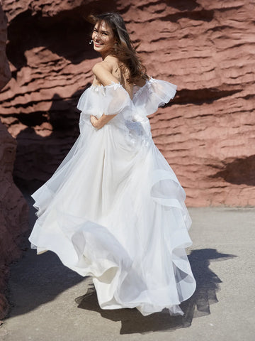 Embroidery Off Shoulder Ruffle Lace Ball Gown Outdoor Wedding Dress
