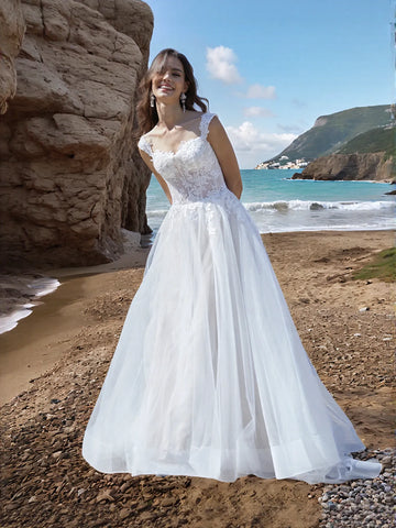 Cap Shoulder Lace Ball Gown Outdoor Vintage Wedding Dress
