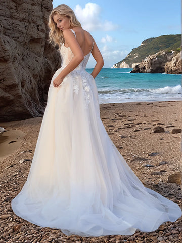 Lace Sheer Embroidery Floral Ball Gown Garden Wedding Dress