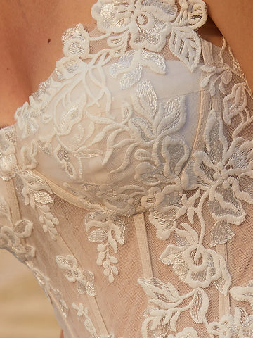 Lace Sheer Embroidery Floral Ball Gown Garden Wedding Dress
