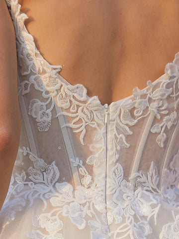 Lace Sheer Embroidery Floral Ball Gown Garden Wedding Dress