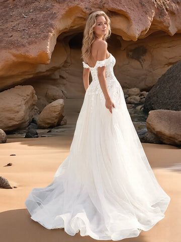 Embroidery Off Shoulder Ball Gown Beach Wedding Bridal Dress