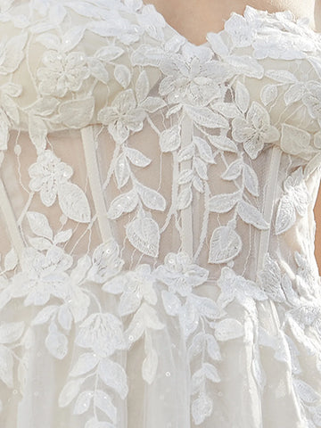 Embroidery Off Shoulder Ball Gown Beach Wedding Bridal Dress