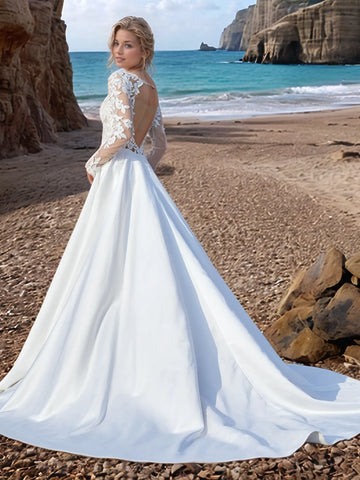Long Sleeves Illusion Embroidery Ball Gown Lace Satin Vintage Wedding Dress