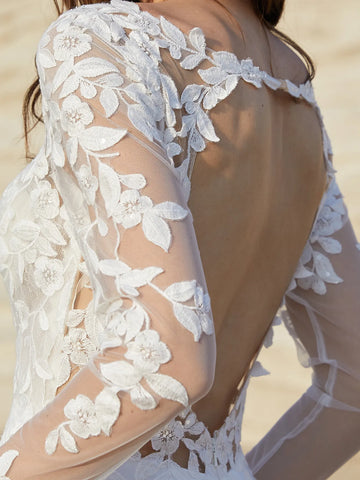 Long Sleeves Illusion Embroidery Ball Gown Lace Satin Vintage Wedding Dress