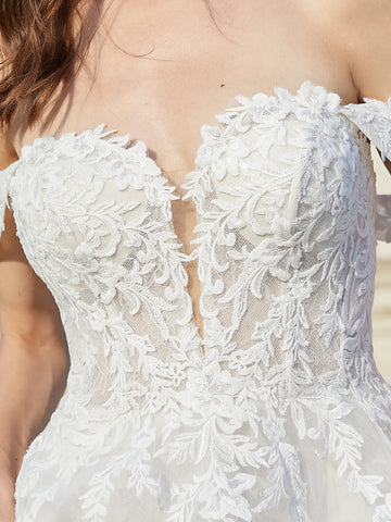 Off Shoulder Deep V-Neck Embroidery Ball Gown Outdoor Lace Wedding Dress