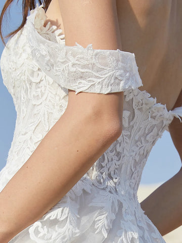 Off Shoulder Deep V-Neck Embroidery Ball Gown Outdoor Lace Wedding Dress