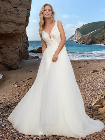 Backless Deep V-Neck Mermaid Wedding Dress With Removable Chapel Train