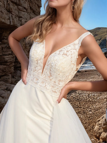Backless Deep V-Neck Mermaid Wedding Dress With Removable Chapel Train