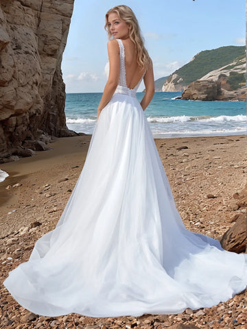 Tank Top A-Line Outdoor Lace Floral Wedding Dress