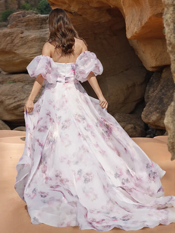 Floral Off Shoulder Organza A-line Wedding Dress