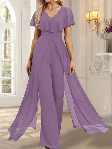 Jumpsuit/Hosenanzug V-Ausschnitt Bodenlanges Chiffon Abendkleid