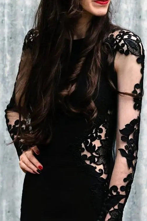 Mermaid Floral Black Wedding Dress Long Sleeve Wedding Gown WD742-Pgmdress